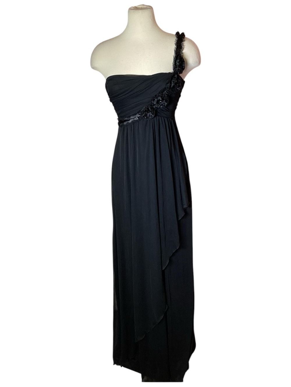 Vintage Y2K Intrigue Rosette Satin Trim Pleated Ruched Maxi Party Prom Dress